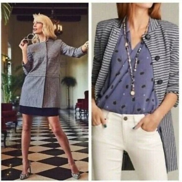 CAbi Jackets & Blazers - NWOT Cabi Striped Car Coat Navy Gray Long Lightweight 3/4 Sleeve Size S
